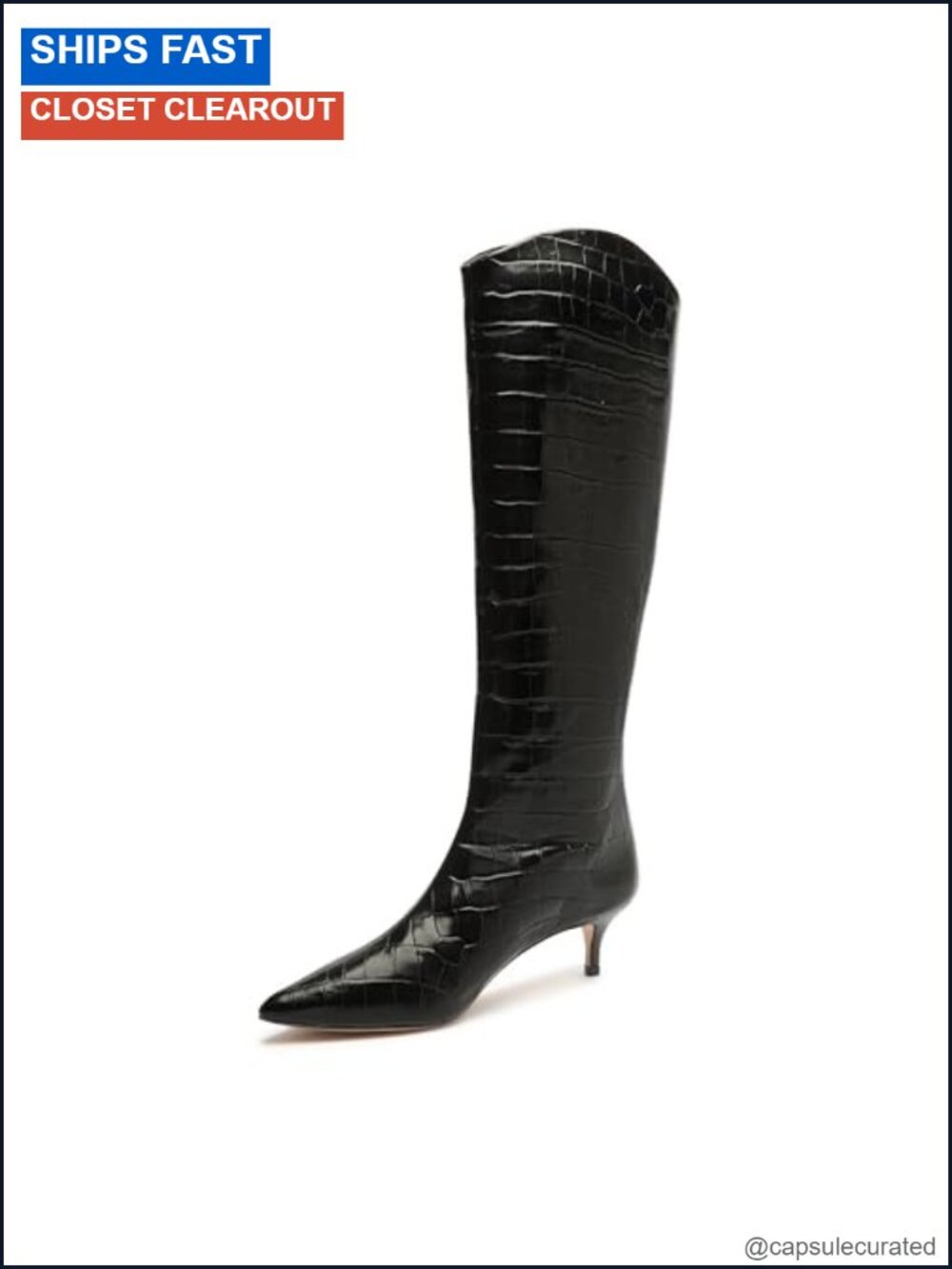 Knee High Crocodile Embossed Leather Kitten Heel Boots Pointed Toe